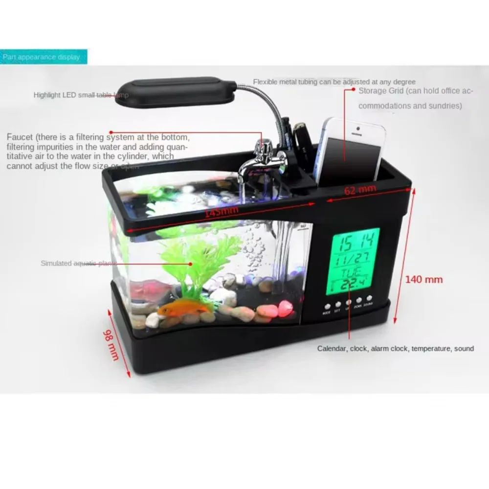 물 실행 펌프가 있는 수족관 미니 어항, 달력 시계 조 - Aquarium Light 리뷰 및 가격